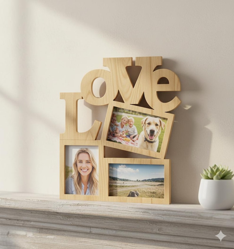 May include: Wooden photo frame in the shape of the word "LOVE". The frame holds three photos, with the word "LOVE" cut out of the wood. The photos show a family, a woman, and a landscape. A small potted plant sits nearby.