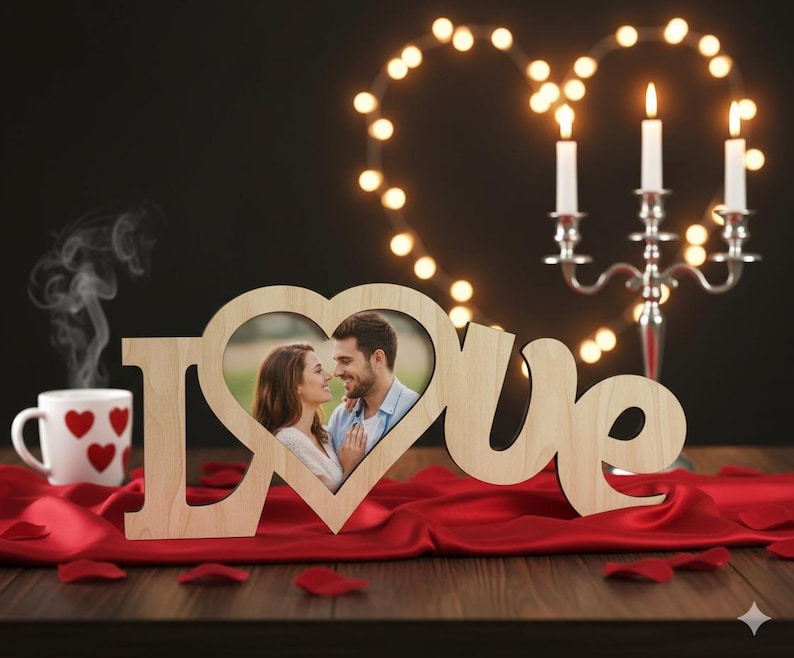 May include: A wooden "Love" photo frame with a heart-shaped cutout holding a couple's photo. A white mug with red hearts sits to the left, and a candelabra with lit candles is in the background. Red fabric and rose petals complete the romantic scene.