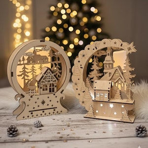 2 sceny z domkami bożonarodzeniowymi, reniferami i gwiazdami oraz choinką, cyfrowy plik wycinany laserowo, scena bożonarodzeniowa 3D laserowo SVG, DXF (pobieranie cyfrowe)