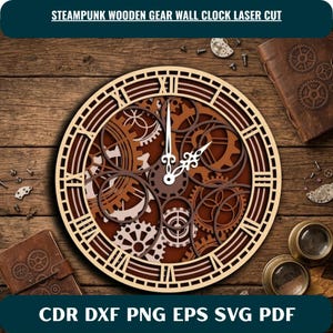 Puede incluir: Un reloj de pared circular de madera cortada con láser que presenta un diseño complejo de engranajes superpuestos y números romanos. La esfera muestra manecillas blancas ornamentadas sobre un fondo marrón con varios patrones de engranajes.
