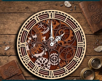 May include: A circular wall clock made of laser-cut wood featuring a complex layered gear design and Roman numerals. The clock face displays white ornate hands against a brown background with various interlocking gear shapes and patterns.