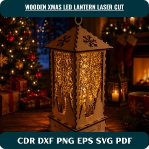 May include: A laser-cut wooden LED lantern featuring intricate snowflake patterns and silhouettes of deer and pine trees. The lantern emits a warm, glowing light from within. The text WOODEN XMAS LED LANTERN LASER CUT CDR DXF PNG EPS SVG PDF is visible.