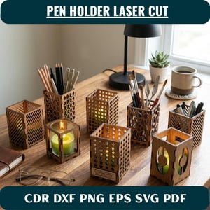 Pen Holder SVG Bundle, Laser Cut Desk Organizer, Pencil Holder Files, Glowforge SVG, DXF Eps Png Pdf Cdr