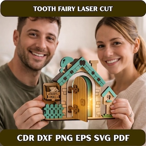 May include: A wooden tooth fairy house with a teal roof, door, and fence. The house has a chimney and a small birdhouse. The text "TOOTH FAIRY LASER CUT" is at the top. The text "+FAIRY+ +MAIL+" is on a small mailbox.