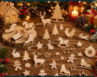 Paquete de figuras navideñas en miniatura cortadas con láser, adornos navideños de madera en formato SVG, decoración navideña en formato DXF, archivos de corte CNC, descarga instantánea.