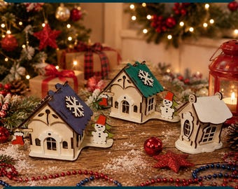 Paquete de archivos SVG de casas navideñas para pueblo, archivos de corte láser de casas navideñas de madera, decoración navideña en miniatura en formato DXF y PNG.