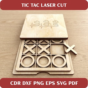 Può includere: Un gioco in legno del tris con design tagliato al laser. Il tabellone è aperto, rivelando la griglia con X e O. Il coperchio ha il testo "Tic Tac Laser Cut". La parte inferiore dell'immagine ha il testo "CDR DXF PNG EPS SVG PDF".