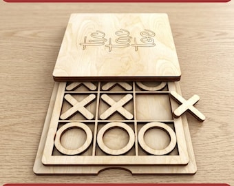 May include: A wooden tic-tac-toe game with laser-cut design. The game board is open, revealing the grid with X's and O's. The lid has text that reads "Tic Tac Laser Cut". The bottom of the image has text that reads "CDR DXF PNG EPS SVG PDF".