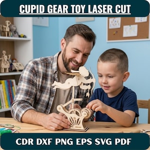 May include: A laser-cut wooden mechanical toy featuring a Cupid figure with a bow and arrow mounted on a gear-driven base. The light-colored wood structure includes interlocking gears and a central support mechanism, designed for assembly and movement.