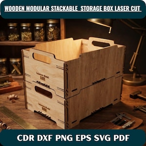 May include: Two stackable light brown wooden storage boxes with laser-cut details and integrated side handles. The front panels feature the text "Sakamoto Model" and small rectangular cutouts. The boxes are constructed with visible interlocking joints.