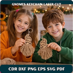 May include: Wooden gnome keyring with a light brown tassel beard. The keyring has a laser-cut design and a silver-coloured keyring. The image includes the text "GNOMES KEYCHAIN LASER CUT" and file type options.