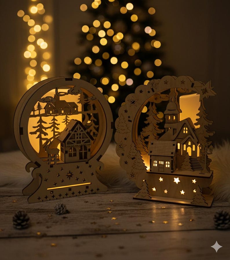 Puede incluir: Dos decoraciones de pueblo navide&ntilde;o de madera con c&aacute;lida iluminaci&oacute;n interior. Una es circular, la otra en forma de arco. Ambas presentan dise&ntilde;os recortados de casas, &aacute;rboles y estrellas. El fondo est&aacute; suavemente iluminado con un &aacute;rbol de Navidad y luces de hadas.