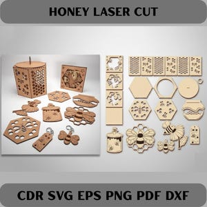May include: Laser-cut wooden honey-themed craft pieces. Includes a lantern, boxes, honeycomb shapes, bees, and a jar of honey. The text "HONEY LASER CUT" is at the top. The bottom text reads "CDR SVG EPS PNG PDF DXF".
