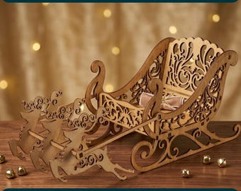 Archivo de corte láser 3D de trineo de madera navideño, decoración navideña SVG, plantilla CNC DXF, descarga digital de trineo navideño