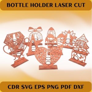 Könnte beinhalten: Braune, lasergeschnittene Flaschenhalter aus Holz in verschiedenen Formen, darunter ein Herz, ein Stern und eine Tasse. Die Halter weisen aufwendige Ausschnitte auf. Der Text oben lautet "BOTTLE HOLDER LASER CUT" und unten "CDR SVG EPS PNG PDF DXF".
