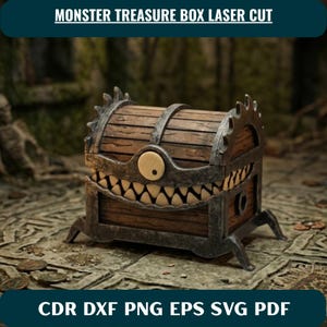 May include: A wooden treasure box designed as a monster with a single eye and sharp teeth. The box features dark metal-like framing, a curved lid, and four small legs. Text at the top reads MONSTER TREASURE BOX LASER CUT and CDR DXF PNG EPS SVG PDF.