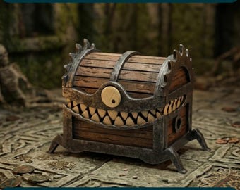 Archivo de corte láser de cofre del tesoro monstruoso, plantilla de cofre de madera, cofre del tesoro fantástico SVG