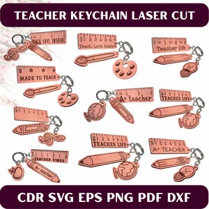 Laserskuren lärarnyckelring SVG-paket, linjal, äpple, pennaberlocker (digital nedladdning)