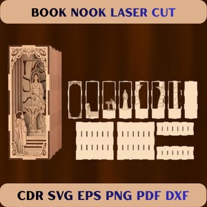 May include: Laser-cut wooden book nook kit with a detailed interior scene featuring figures and architectural elements. The kit includes various components for assembly, with the text "BOOK NOOK LASER CUT" and "CDR SVG EPS PNG PDF DXF".
