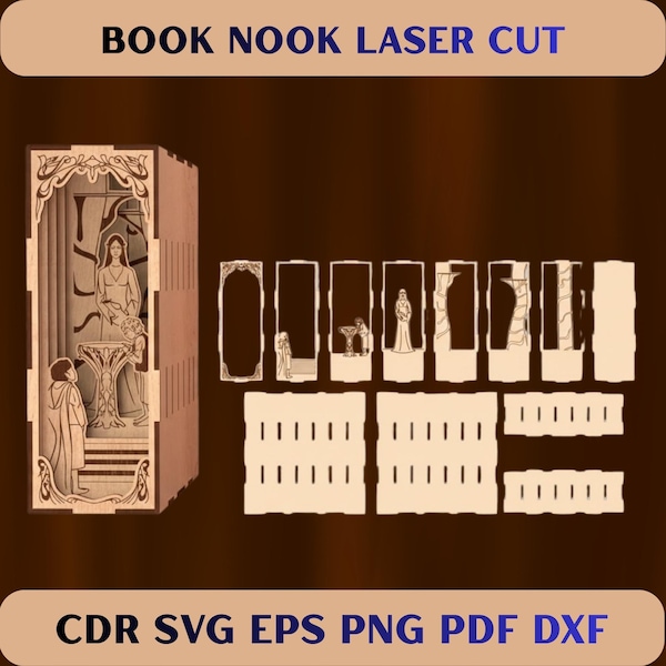 Fantasy Book Nook SVG, 3D Layered Diorama Laser Cut DXF, Elven Library Bookshelf Insert, Fairy Tale Booknook, Glowforge Digital Download