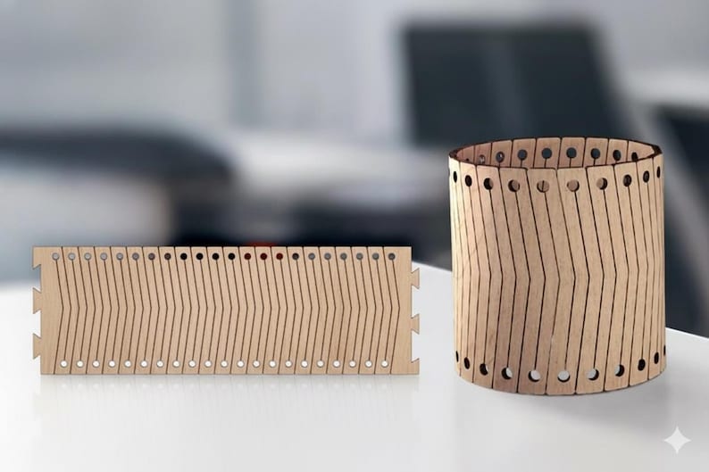 May include: Two wooden laser-cut pieces. One is a flat, rectangular panel with a series of vertical lines and small holes. The other is a cylindrical shape, also made of wood, with similar lines and holes. Both are light brown.