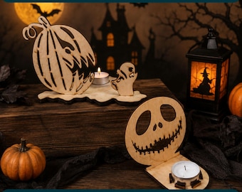 Portavelas de Halloween en formato SVG, portavelas espeluznante cortado con láser, linterna fantasma en formatos DXF, PNG, EPS y PDF.