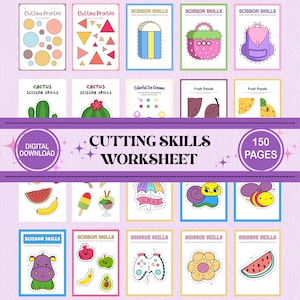 May include: A set of 150 printable worksheets for kids to practice cutting skills. The worksheets feature various images, including a cactus, a watermelon, a strawberry, a backpack, a snail, a bee, a flower, a video game controller, and a hippopotamus. The worksheets are designed to help children develop their fine motor skills and hand-eye coordination.