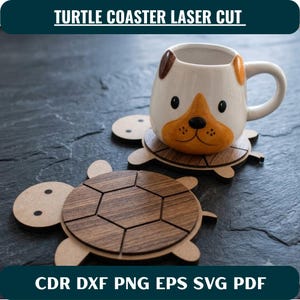 May include: Two turtle-shaped coasters made of light and dark brown wood, featuring a geometric shell pattern. One coaster supports a white ceramic mug with a brown and orange dog face design. The text TURTLE COASTER LASER CUT CDR DXF PNG EPS SVG PDF is visible.