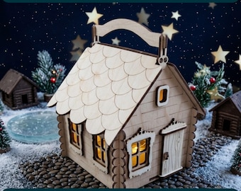 Caja de regalo de madera con forma de casa de dulces en formato SVG, archivo de caja de cabaña cortada con láser, caja de dulces navideña en formato DXF, PNG, EPS y PDF.