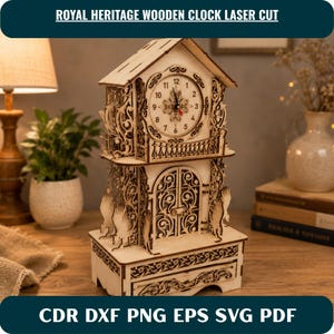 Vintage Mantel Clock SVG | Grandfather Desk Clock DXF | 3D Royal Luminary Plan | Glowforge Laser Cut Files | CNC Wooden Clock Vector Pattern
