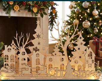 Archivo SVG de corte láser de pueblo navideño / Decoración navideña para estante con escena navideña / Trineo de renos / Glowforge LightBurn DXF PNG Eps Pdf