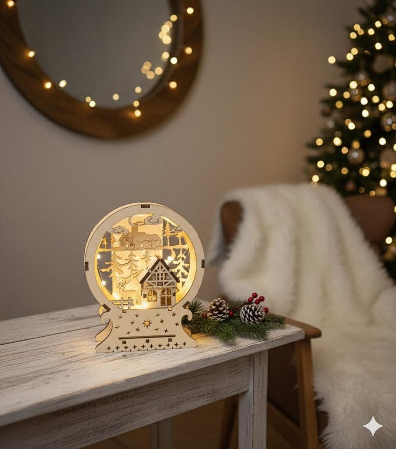 Puede incluir: Decoraci&oacute;n navide&ntilde;a de madera con una escena invernal con una casa, &aacute;rboles y un ciervo, iluminada por luces c&aacute;lidas. El dise&ntilde;o redondo se asienta sobre una base de madera, creando una exhibici&oacute;n festiva.