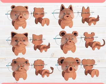 Könnte beinhalten: Holz-Brillenhalter in Form verschiedener Tiere, darunter ein Bär, ein Fuchs und ein Löwe. Jeder Halter ist so konzipiert, dass er eine Brille aufnehmen kann. Der Text "GLASSES HOLDER LASER CUT" steht oben und "CDR SVG EPS PNG PDF DXF" unten.