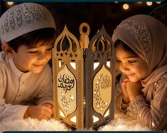 Archivo de corte láser para linterna LED de madera para Ramadán, linterna islámica SVG, plantilla CNC DXF para decoración de Eid
