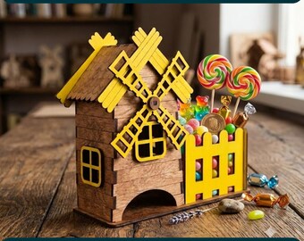 Caja de dulces con forma de casa de té con molino de viento, archivo SVG cortado con láser, dispensador de dulces de madera para armar, descarga digital.