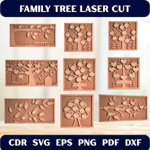 Pode incluir: Uma coleção de designs de árvores genealógicas em madeira cortada a laser. Os designs apresentam vários estilos de árvores com folhas, maçãs e elementos em forma de coração. O texto "FAMILY TREE LASER CUT" está no topo.