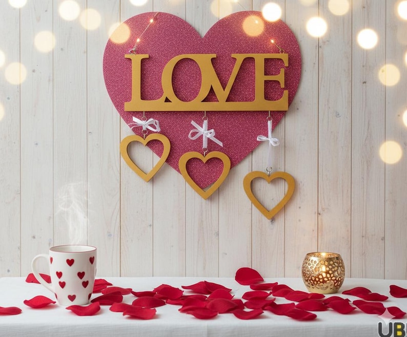 May include: A Valentine's Day themed display featuring a large pink glitter heart with the word "LOVE" in gold letters. Three hanging gold heart ornaments and a white mug with red hearts are visible. Red rose petals and a candle holder complete the scene.