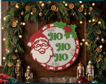 Letrero navideño para puerta, archivo de corte láser, Santa Ho HO HO SVG, decoración navideña de madera para puerta