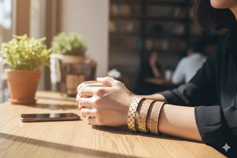 May include: A person holding a white coffee cup, wearing three gold-colored bracelets with different patterns. The bracelets are on the person's wrist. A smartphone rests on a wooden table, with plants and a window in the background.