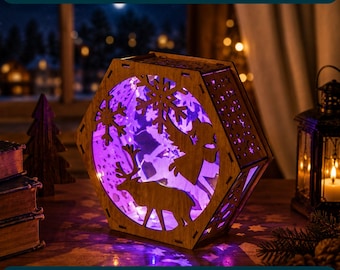 Lámpara hexagonal navideña cortada con láser, luz nocturna de reno SVG, decoración navideña de madera