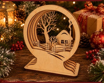 Globo de nieve con forma de casa de invierno (SVG) / Globo de nieve en capas cortado con láser / Decoración de invierno de madera / SVG navideño 3D