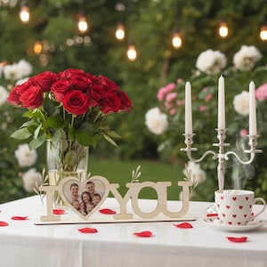 May include: A romantic outdoor scene with a white tablecloth, featuring a bouquet of red roses in a glass vase, a candle holder with three lit candles, and a mug with red hearts. A wooden sign says "I YOU" with a family photo.
