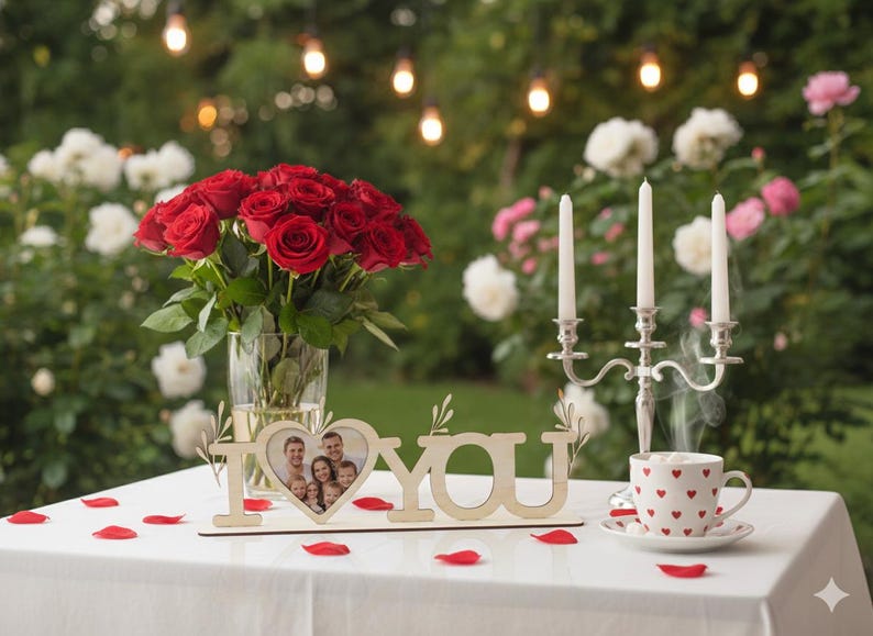 May include: A romantic outdoor scene with a white tablecloth, featuring a bouquet of red roses in a glass vase, a candle holder with three lit candles, and a mug with red hearts. A wooden sign says "I YOU" with a family photo.