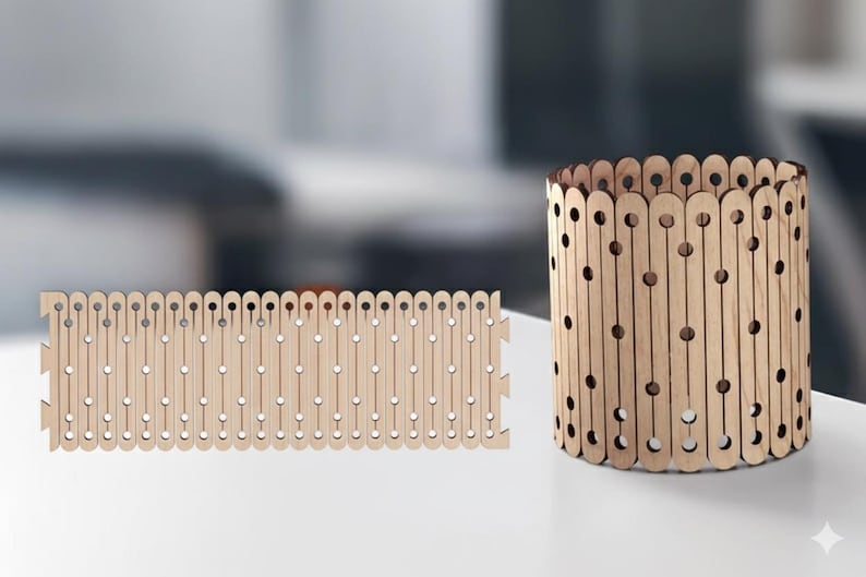May include: A wooden cylindrical container and a flat wooden panel, both with a repeating pattern of vertical slats and circular cutouts. The objects are light brown and sit on a white surface.