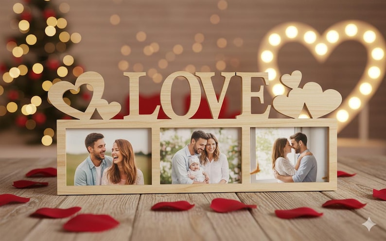 May include: A wooden photo frame with the word "LOVE" cut out, holding three pictures of couples. The frame has heart-shaped cutouts and is decorated with red rose petals. A lit-up heart shape is in the background.