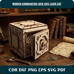 May include: A light-coloured wooden combination lock safe featuring intricate laser-cut details and an open door. The safe is constructed from interlocking panels and includes a circular dial mechanism on the front panel, showcasing precise craftsmanship.