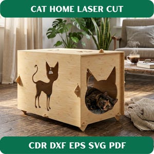 以下が含まれることがあります： 猫のシルエットの切り抜きと猫が入った、レーザーカットされた木製の猫用ハウス。箱は明るい色の木材で作られており、「CAT HOME LASER CUT」と「CDR DXF EPS SVG PDF」の文字が入っています。