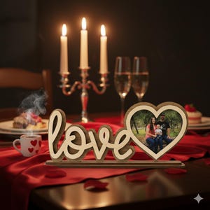 May include: A wooden "love" sign with a heart-shaped photo frame. The frame holds a family photo. The scene includes a candle holder with three lit candles, a cup of coffee, and champagne glasses on a red tablecloth.