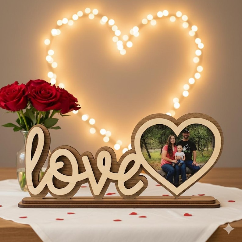 May include: A wooden photo frame in the shape of a heart, holding a family photo, sits on a table next to a wooden "love" sign. Red roses in a glass vase and a heart-shaped light display are in the background.