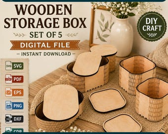 Juego de 5 cajas de almacenamiento de madera, archivos SVG cortados con láser, organizador DIY, descarga digital